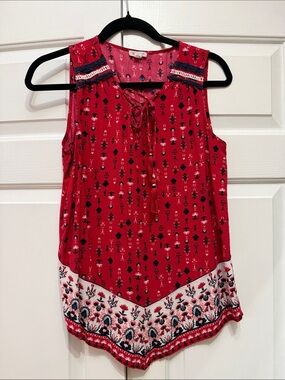 Westport Red Sleeveless Tie-Front Border Floral Tank